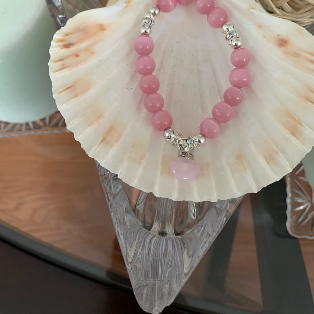 Pink Cat Eye Beaded Bracelet W/ Rose Quartz Heart